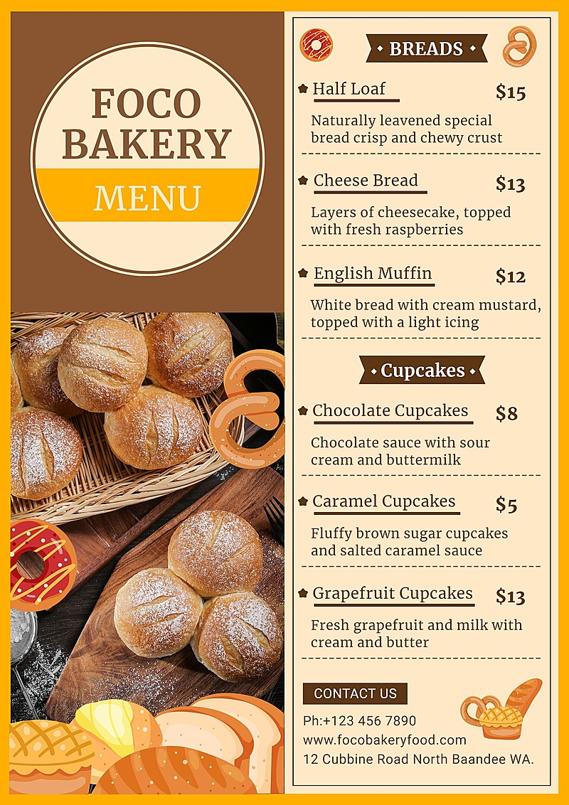 Simple Hand Painted Bread Pattern Bakery Shop Pastry and Dessert Menu