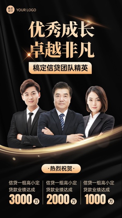 金融信贷团队业绩表彰喜报黑金风多人手机海报