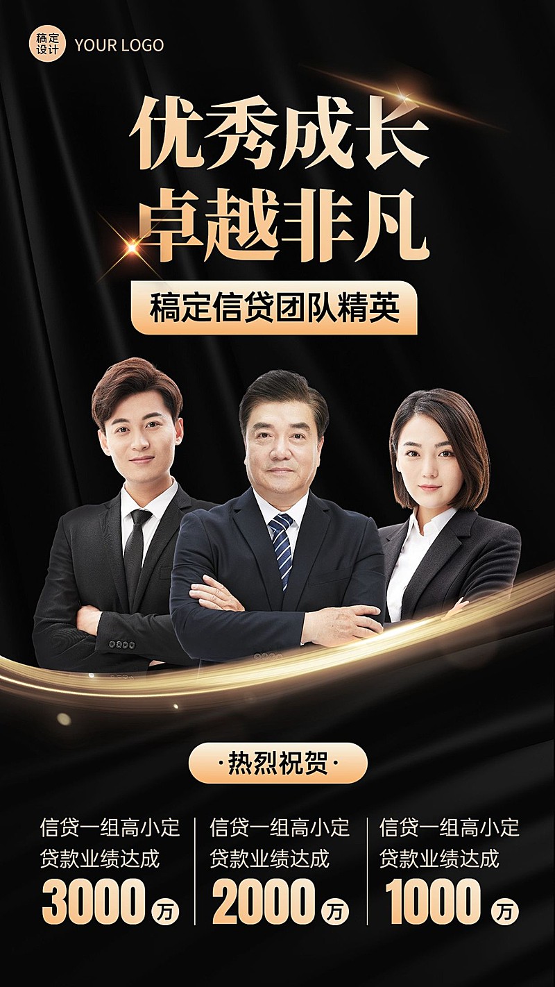金融信贷团队业绩表彰喜报黑金风多人手机海报