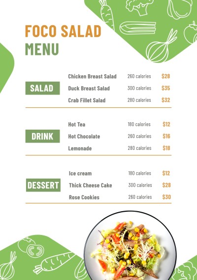 Simple Green Color Block Hand Painted Vegetables Pattern Salad Sale Menu