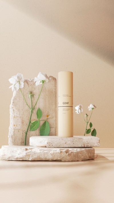 Beauty Product on Naturalistic Stone Product Stand Display with White Floral Decorations Ecommerce Story