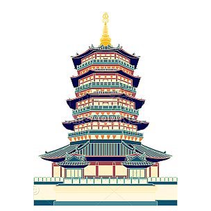 手绘-中国风建筑元素贴纸雷峰塔