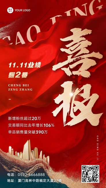 双十一企业商务业绩喜报战报手机海报预览效果
