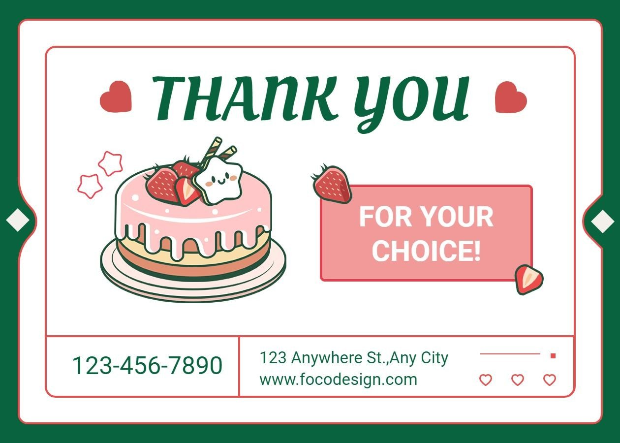 Cute Cartoon Rectangle Frame Strawberry Cake Thank You Card