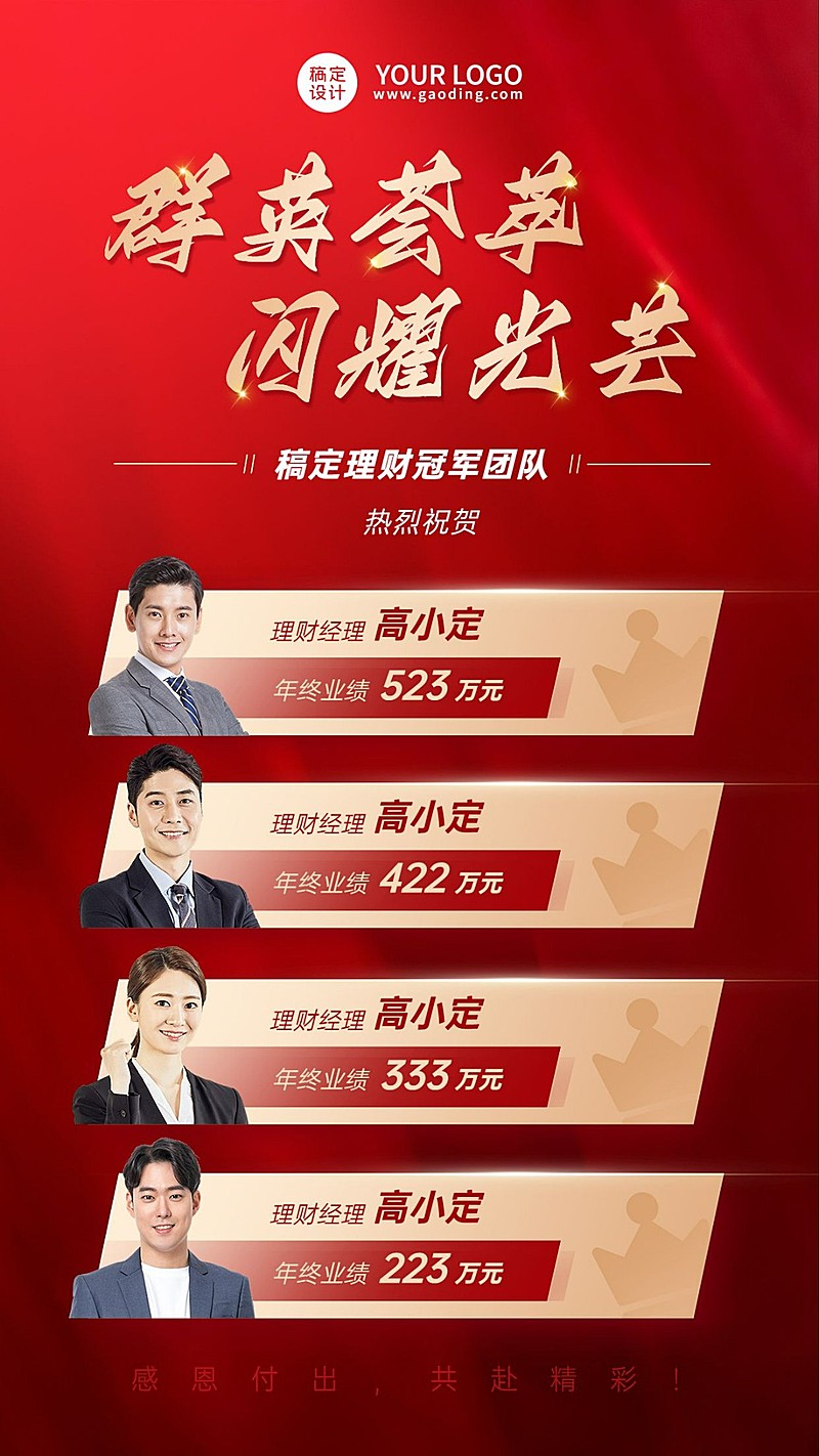金融保险年终销售团队多人表彰喜报喜庆手机海报