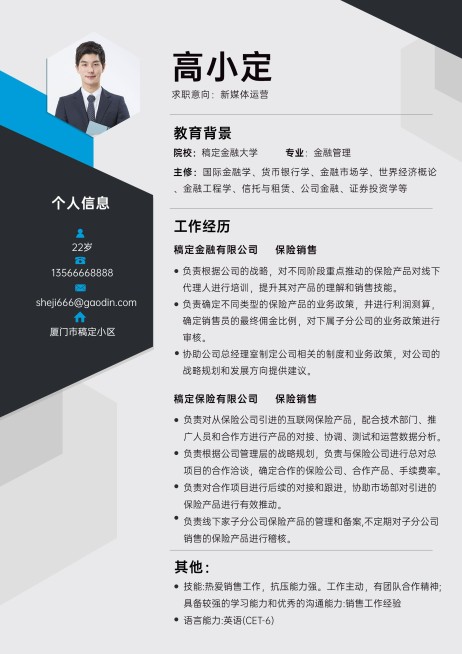 企业商务新媒体运营岗求职简历预览效果