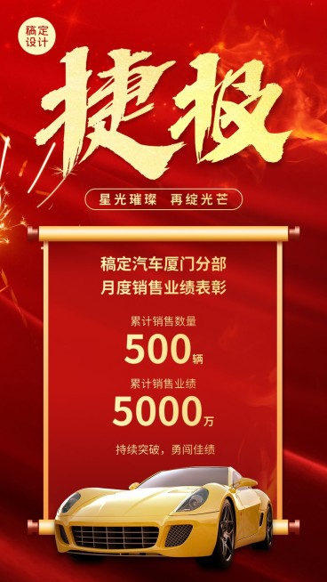 汽车汽配店铺业绩喜报大气合成红金手机海报预览效果
