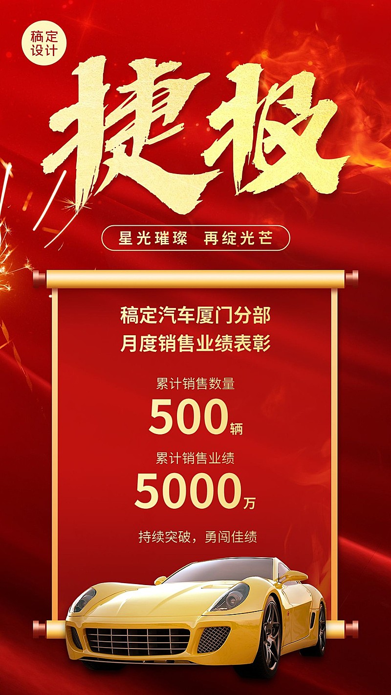 汽车汽配店铺业绩喜报大气合成红金手机海报