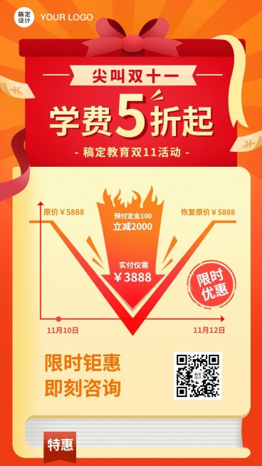 双十一教育课程促销价格折线图手机海报预览效果