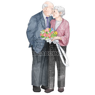 手绘-老年夫妇亲吻元素贴纸