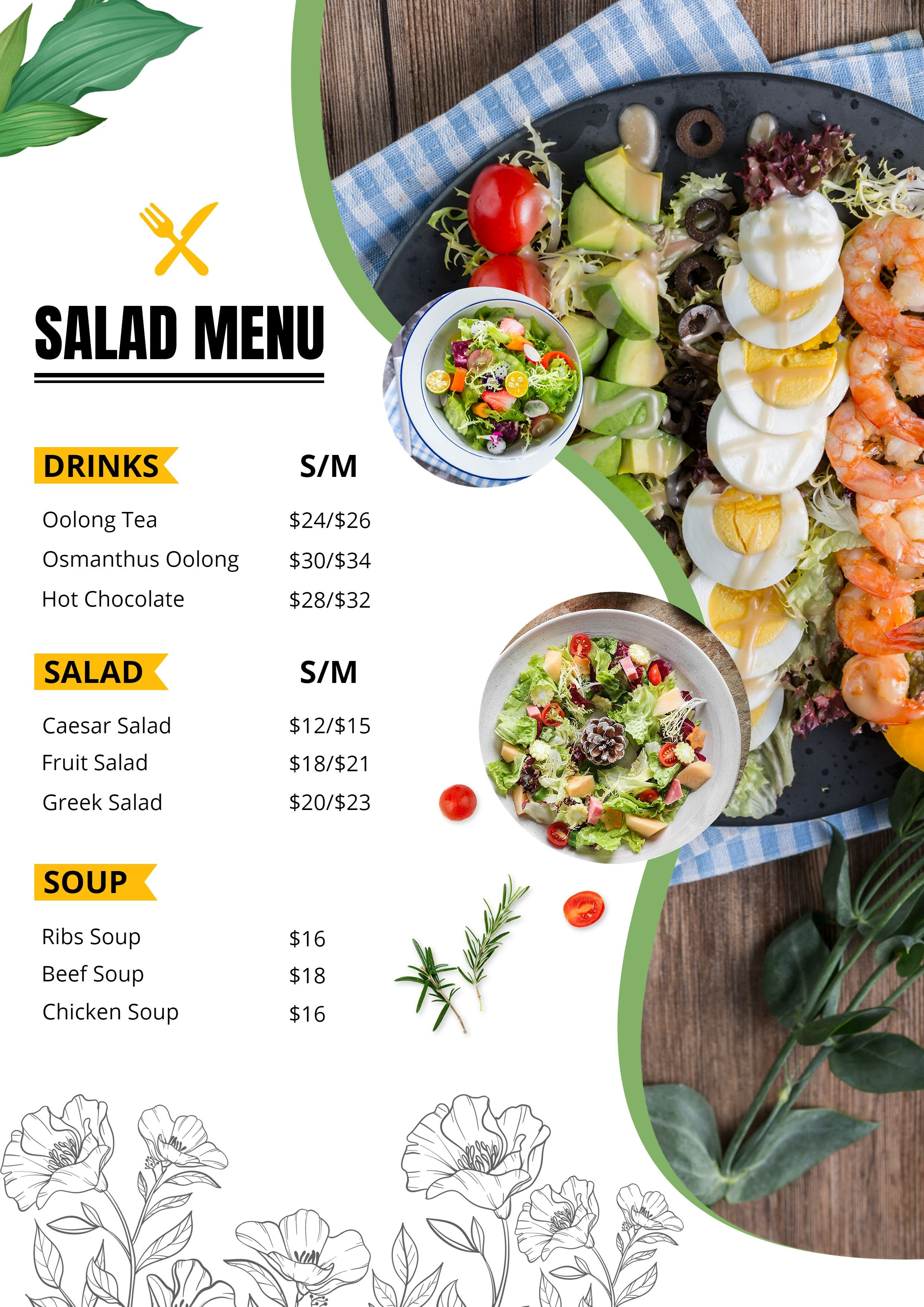 Fresh Hand Painted Plants Decorate Healthy Food Restaurant Salad Menu