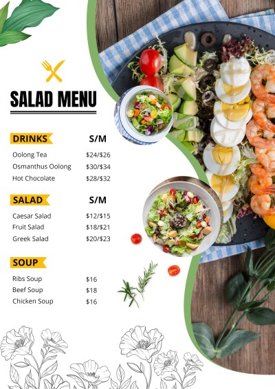 Fresh Hand Painted Plants Decorate Healthy Food Restaurant Salad Menu
