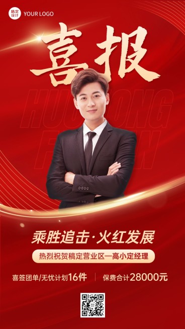 金融保险销售业绩表彰喜报贺报人物喜庆手机海报预览效果