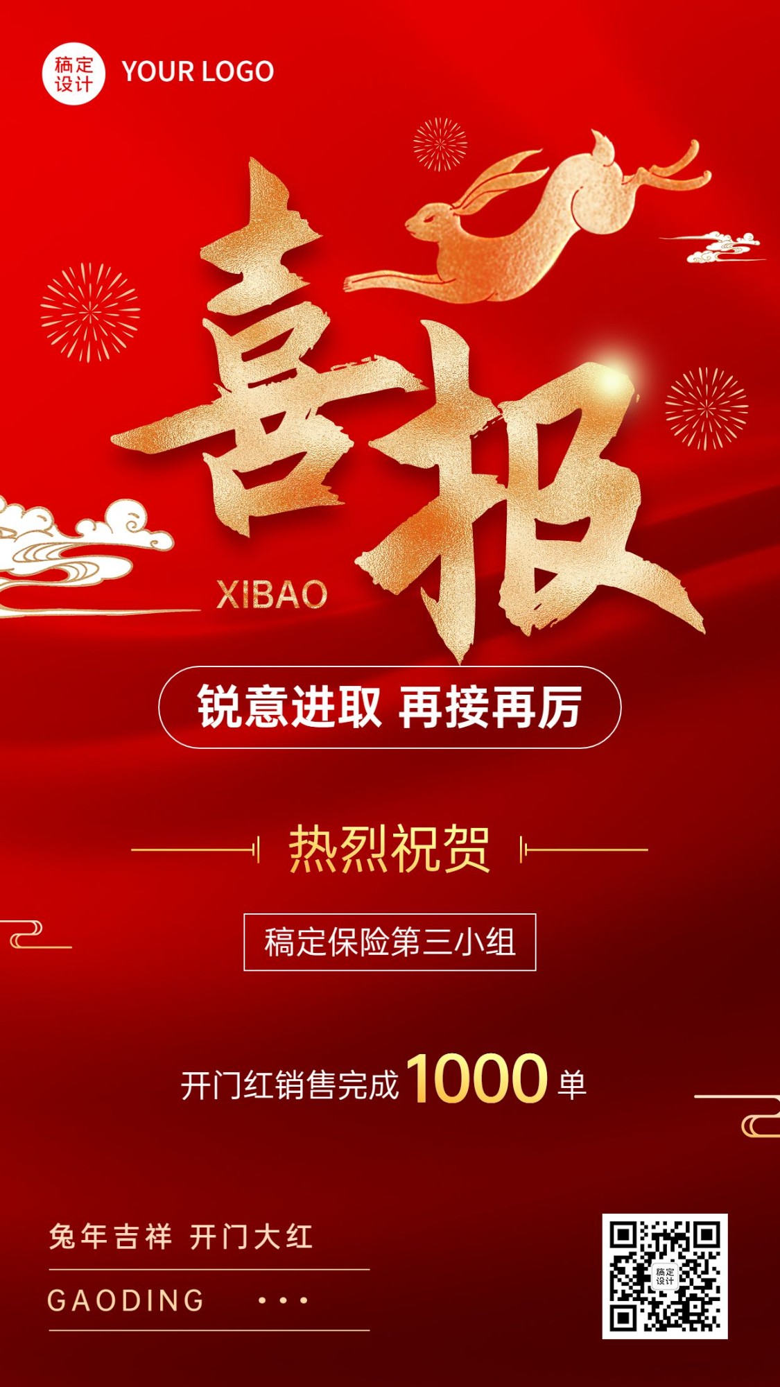 金融保险兔年新年开门红表彰业绩喜报喜庆手机海报