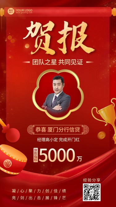金融银行开门红人物贷款业绩表彰喜报中国风手机海报