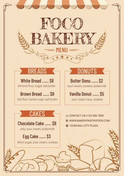 Retro Hand Painted Wheat Pattern Bakery Shop Pastry and Dessert Menu