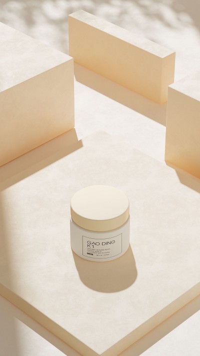 Minimal Style Pale Yellow Themed Facial Cream Skincare Product in Natural Daylight on Simplistic Product Stand Ecommerce Story