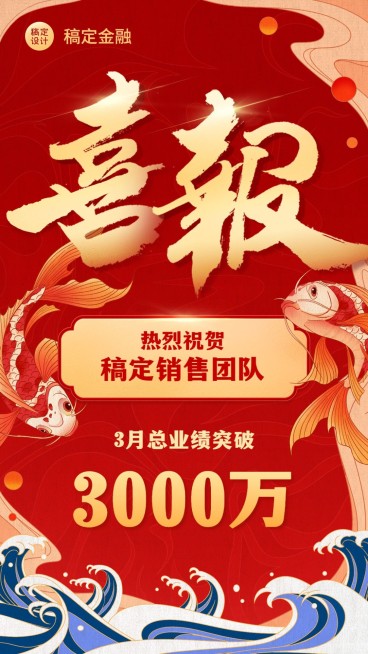 金融保险销售业绩表彰喜报贺报创意国潮风手机海报预览效果