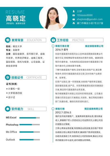 企业商务新媒体运营岗求职简历预览效果