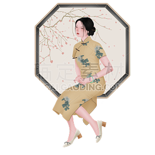 手绘-民国风旗袍女性人物插画贴纸3