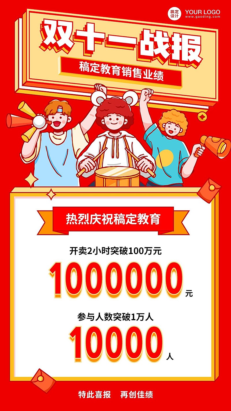 双十一大促喜报战报卡通竖版海报