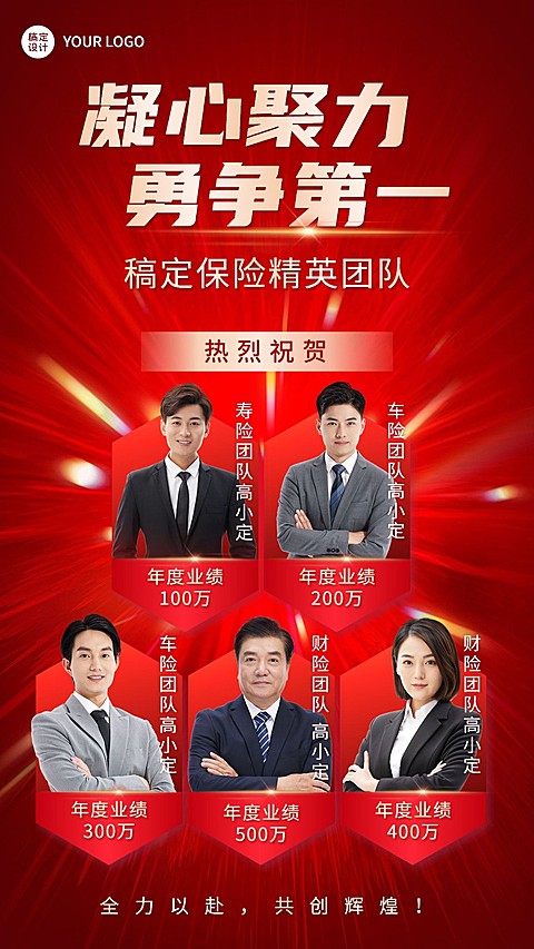 年终金融保险销售团队表彰喜报多人喜庆手机海报