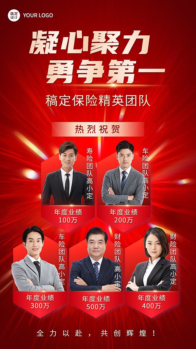 年终金融保险销售团队表彰喜报多人喜庆手机海报