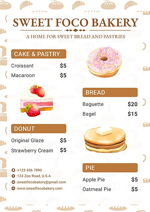 Cute Illustration Bakery Shop Pastry Dessert Menu