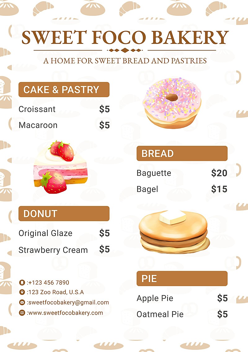 Cute Illustration Bakery Shop Pastry Dessert Menu