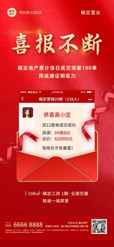 地产服务表彰颁奖喜庆竖版喜报预览效果