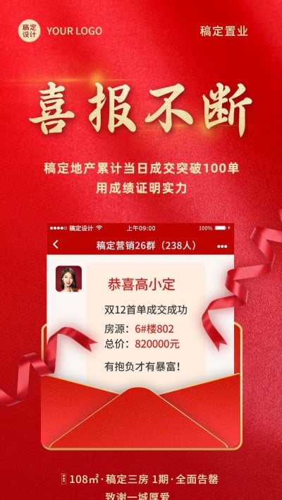 地产服务表彰颁奖喜庆竖版喜报