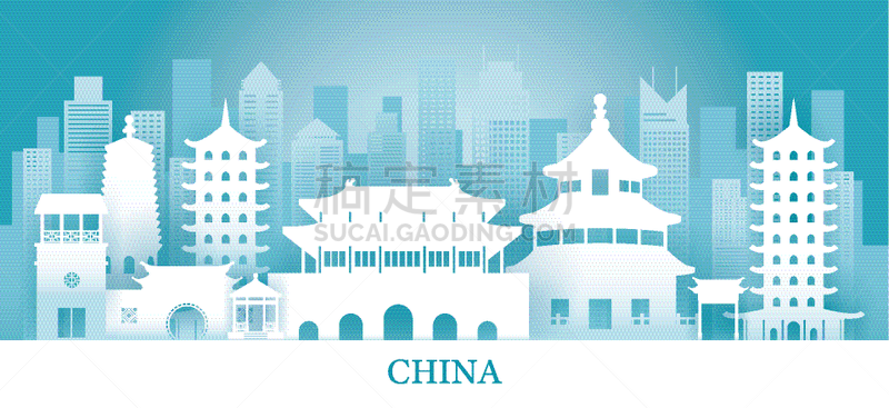 china skyline landmarks in paper cutting style
