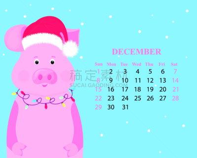 春节,猪,十二月,2019,帽子,可爱的,日历,花环,商务,历书