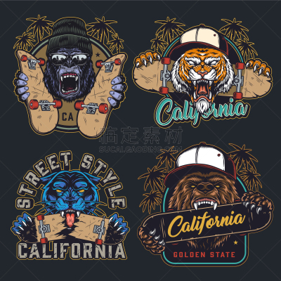 cruel animals and skateboards colorful emblems