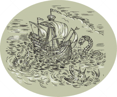 高桅横帆船,海洋,蛇,欧弗,绘画插图,野生动物,图像,海龙,轻快帆船,破坏