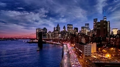 曼哈顿下城的日落、黄昏和黑夜