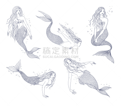 美人鱼,多样,动物手,姿态,矢量,可爱的,女人,绘制,剪影,坐