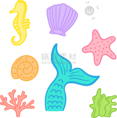海洋,美人鱼,可爱的,背景分离,灰色,橙色,海星,动物,贝壳,绿松石色