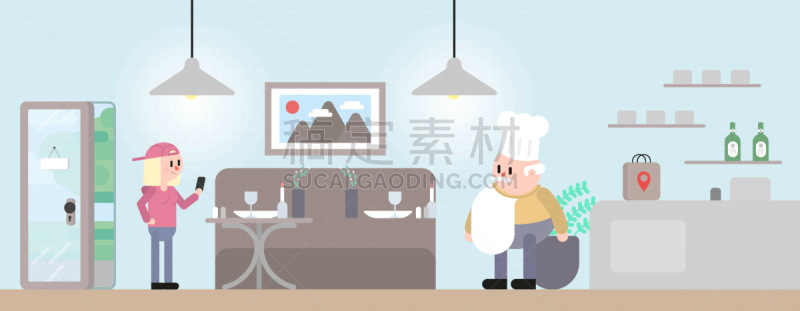 人物插画,女孩,青春期,法国,女人,围裙,青年女人,羽饰丝绒帽,厨师帽,绘画插图