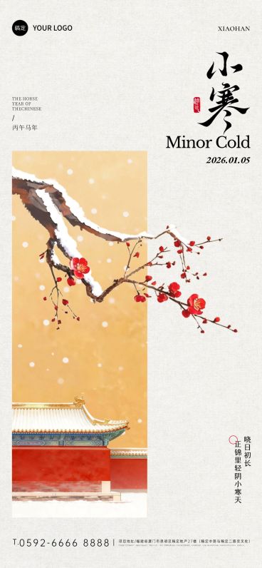 小寒节气祝福建筑梅花中式感通用全屏竖版海报预览效果