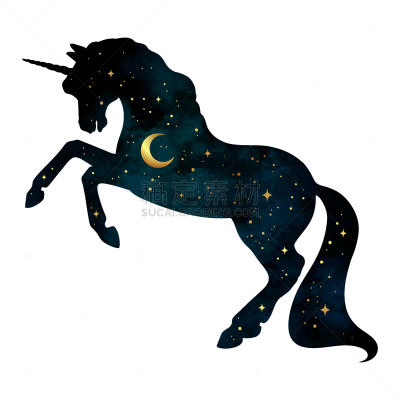 独角兽,月亮,新月形,星星,夜晚,闪亮的,黄金,幻想,剪影