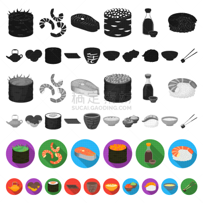 寿司,调味品,平坦的,计算机图标,牛排,国内著名景点,传统,寿司卷,收集,布置