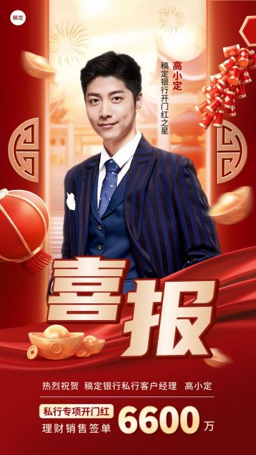 金融银行开门红销售业绩表彰人物喜报贺报3D喜庆手机海报AIGC预览效果