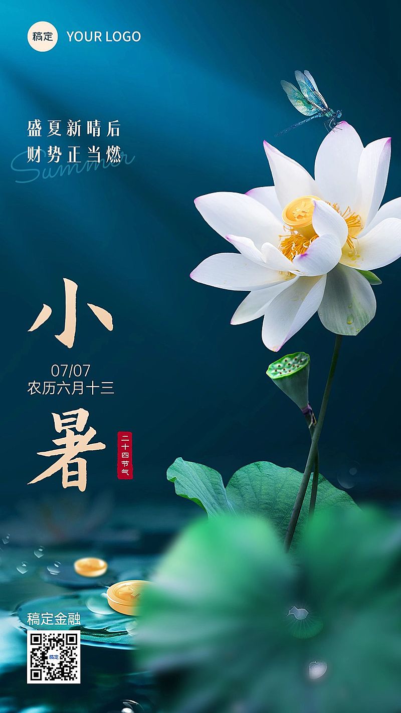 小暑金融保险节气祝福问候实景风手机海报