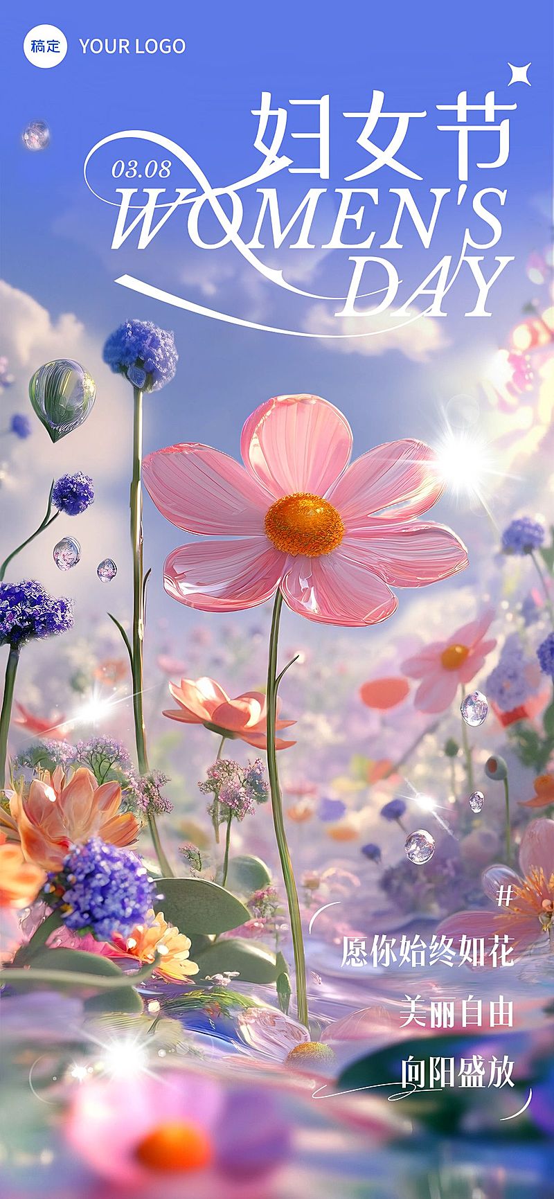 三八妇女节女神节节日祝福唯美清新全屏竖版海报AIGC