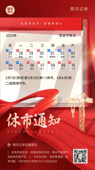 五一劳动节金融证券股市休市放假通知公告喜庆手机海报预览效果
