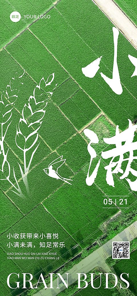 企业小满节气祝福肌理实景插画风全屏竖版海报