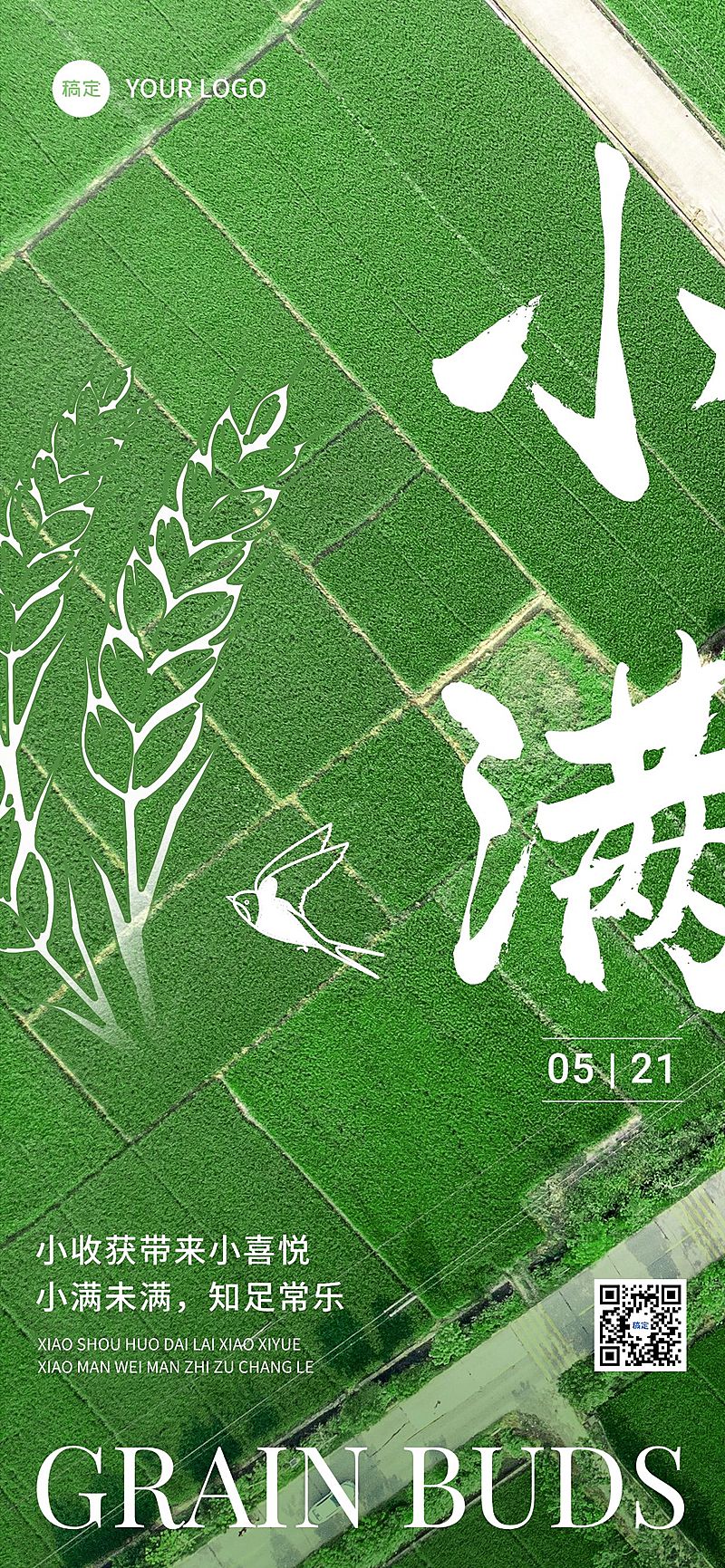 企业小满节气祝福肌理实景插画风全屏竖版海报