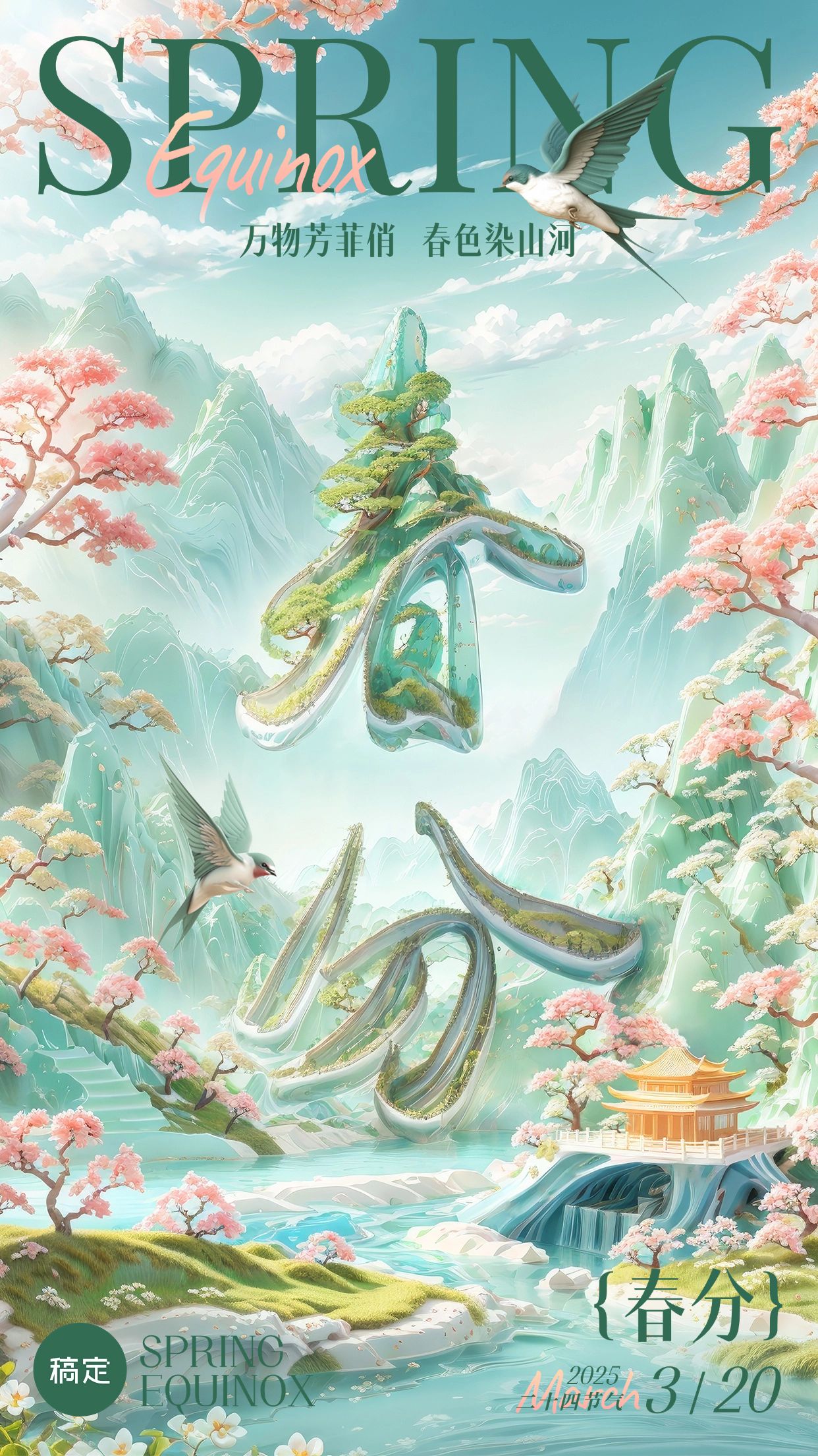 春分节气祝福3d手机海报AIGC
