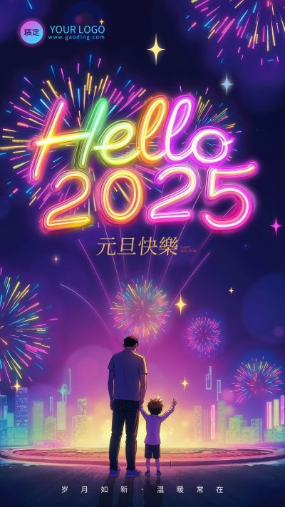 元旦你好2025节日祝福烟花字体竖版海报